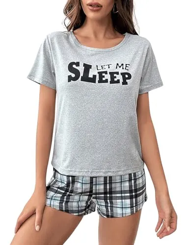 GORGLITTER Damen Zweiteiliger Schlafanzug Pyjama Set Kurzarm Top und Short Sommer Sleepwear Hausanzug Sets Grau M