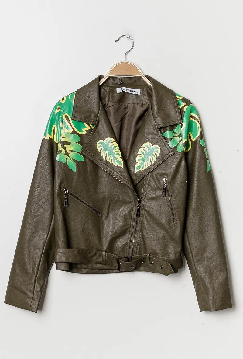 Kunstlederjacke mit aufgedruckten Blumen