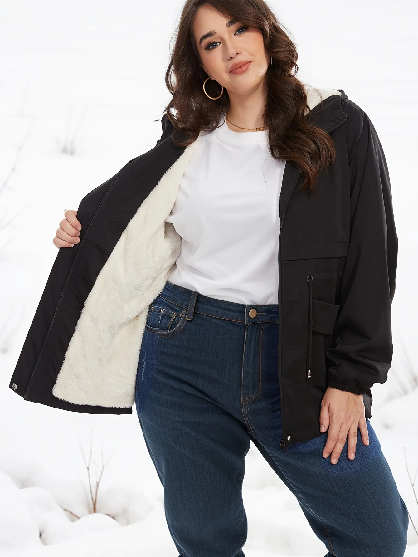 Outdoor Polyester Parka Wintermantel mit Fleece-Futter, Kapuze und Kor