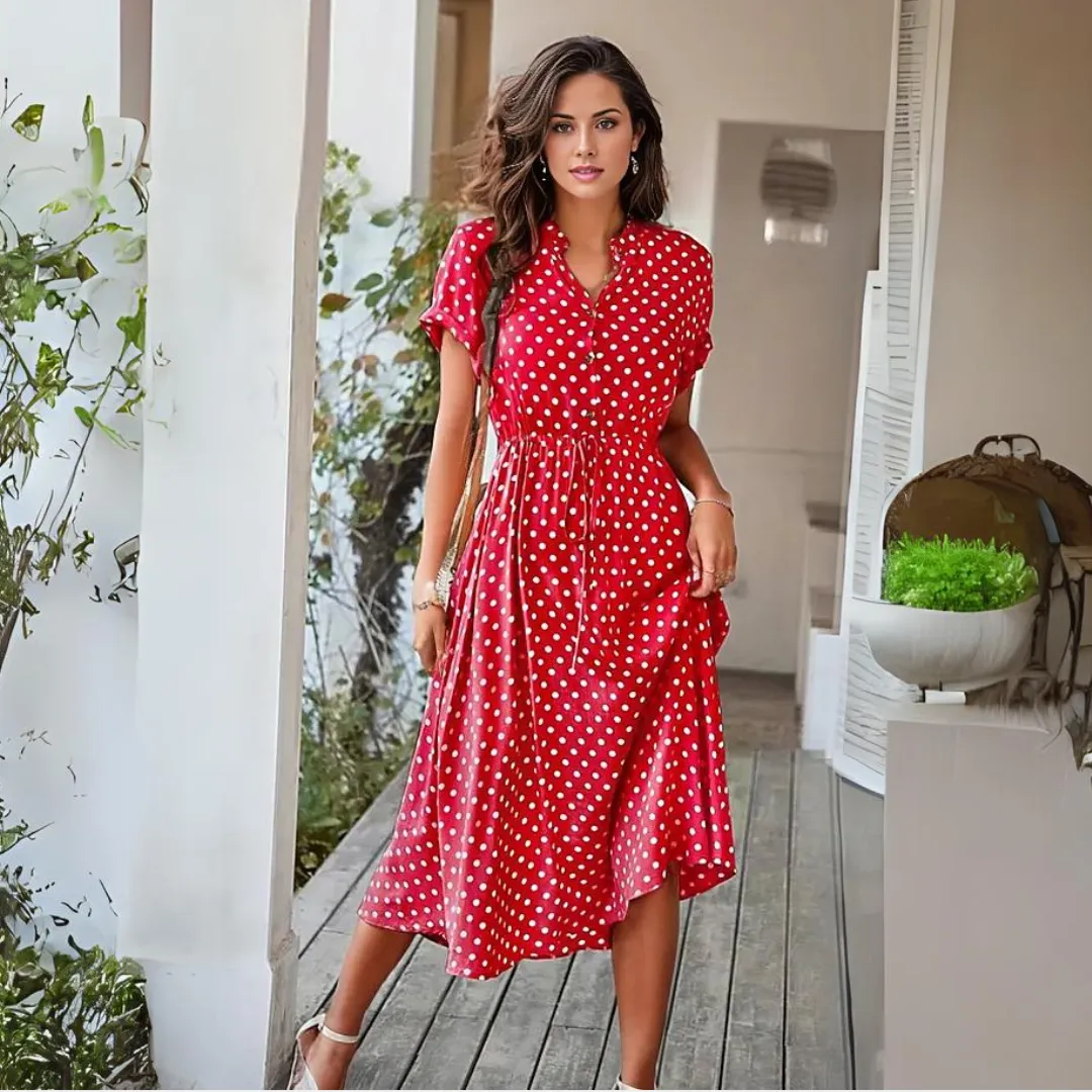 Polka Dot Kleid mit Kordelzug und Knopfleiste