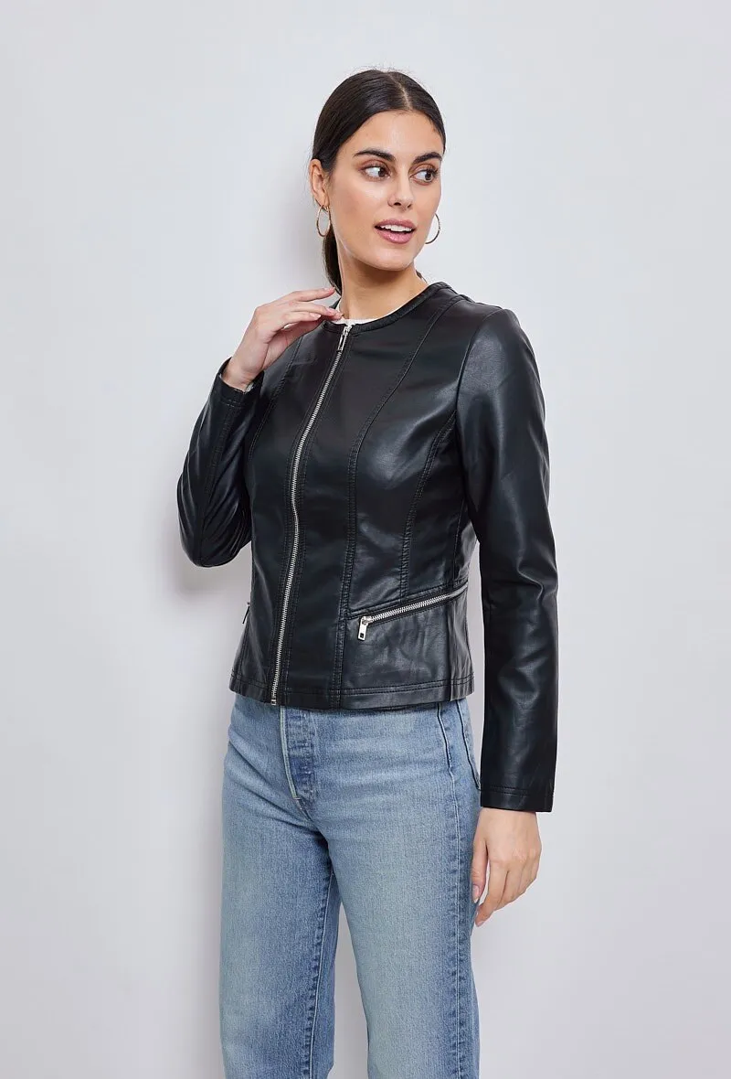 Schwarze Kunstlederjacke, runder Kragen, PU/Viskose