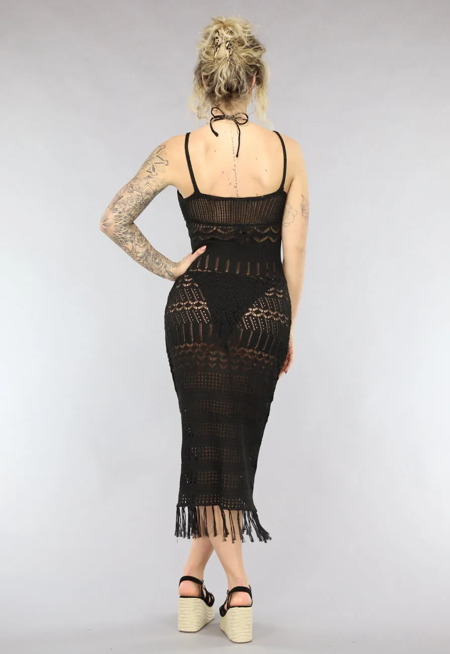 Schwarzes gehäkeltes Boho-Strandkleid