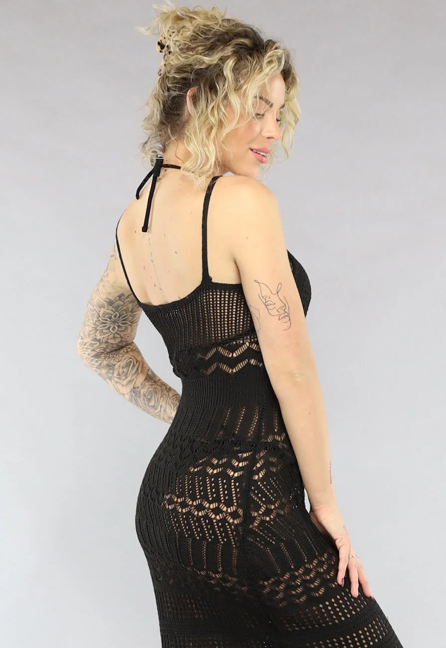 Schwarzes gehäkeltes Boho-Strandkleid