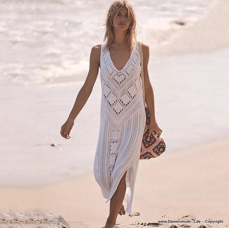 Sommer Boho Strandkleid in Weiß Gehäkelt