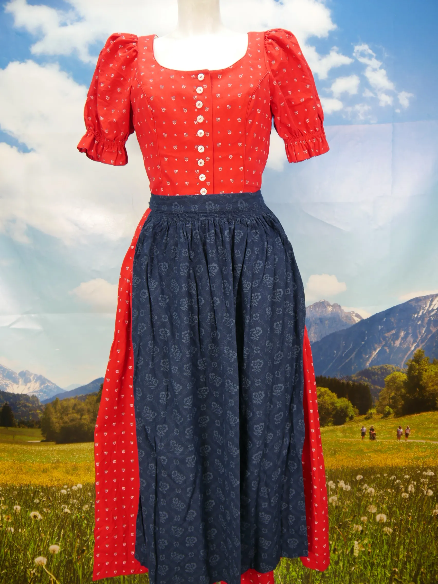 Wunderschön rot Baumwolle kurzarm fesches Dirndl mit Schürze Gr.38